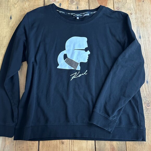 Karl Lagerfeld Black‎ Portrait Sweatshirt Medium Rhinestones Signature - Picture 1 of 6